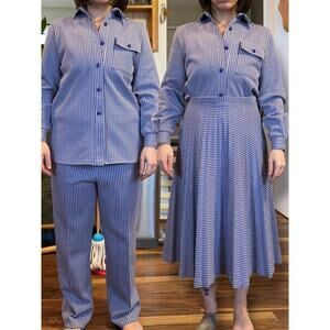 Vintage 70s Womens Leisure Suit Blue Gingham Set Skirt Pants Shirt Polyester